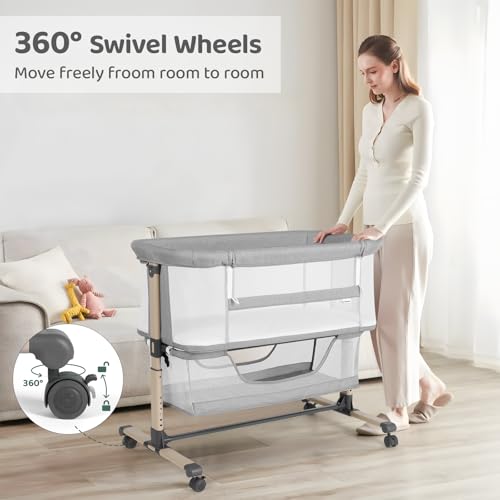 Cowiewie Bassinet Bedside Sleeper, Portable, Breathable, Adjustable Baby Bedside Bassinet for Peaceful Nights, Light Grey