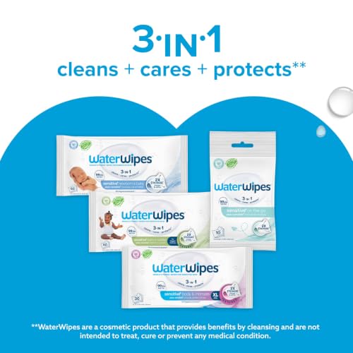 WaterWipes Sensitive+ Newborn & Baby Wipes, 3-In-1 Cleans, Cares, Protects, 99.9% Water, Unscented & Hypoallergenic, 720 Count (12 Packs)