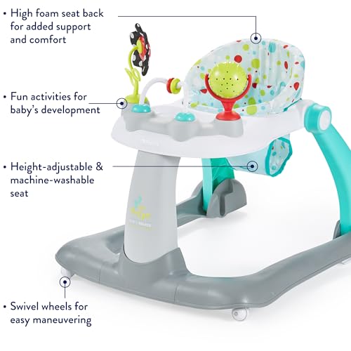 Kolcraft Tiny Steps 2 in 1 Foldable Infant and Baby Walker with Wheels, Seated or Walk Behind Activity Center, Entertaining Developmental Activities for Boys and Girls, Wide Base Sturdy Frame