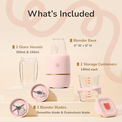Kwiplee Bubble Blender, Baby Food Maker & Puree Blender with 2 Borosilicate Glass Cups, Compact Baby Bullet for Smoothies, Hands-Free One-Touch, 200W Motor, Rose