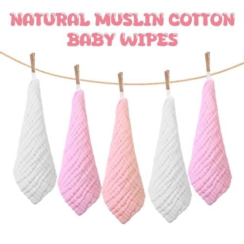 Breling 20 Pcs Baby Muslin Washcloth 12 x 12 Inch 100% Cotton Soft and Absorbent Muslin Washcloth Burp Cloth Wipe Newborn Face Towel for Baby Boy Girl Sensitive Skin(Powder Pink, White, Pink)
