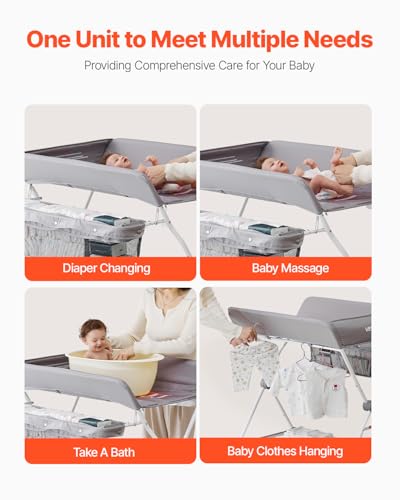 VEVOR Baby Changing Table, Foldable Diaper Change Station with Side Basket, Adjustable Height Changing Table with Lockable Wheels, Multi-Functional Nursery Storage Organizer, Gray