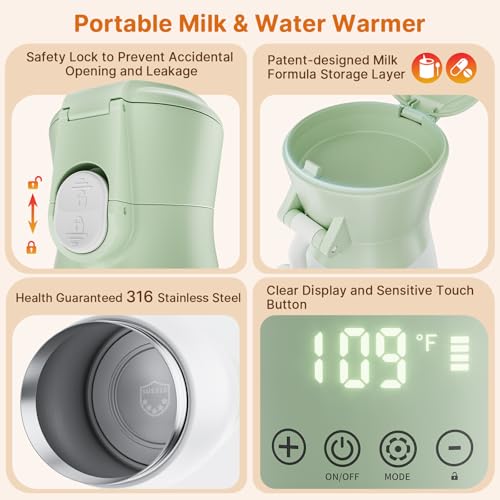 Portable Baby Bottle Warmer, 16000mAh Rechargeable Travel Milk Warmer with 7 Temp Settings, 316 Stainless Steel Fast Heating Leak-Proof Bottle Warmer for Breastmilk & Formula, Night Feeds & On the Go