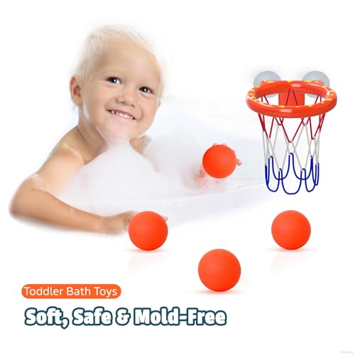 Bath Toys – Bathtub Basketball Hoop for Toddler | Bath Toys for Kids with 4 Mold-Free Balls and Strong Suction Cups Basketball Hoop | Toddler Shower Toys and Fun Bathtub Toys for Boys and Girls
