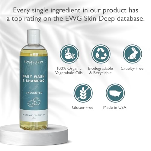 SoCal Suds & Company Organic Baby Shampoo and Body Wash - 2-in-1 Castile Soap, Hypoallergenic, Sensitive Skin, Natural Soap, Toddler Shampoo, Infant, Newborn, Kids Body Wash - 12oz Fragrance Free