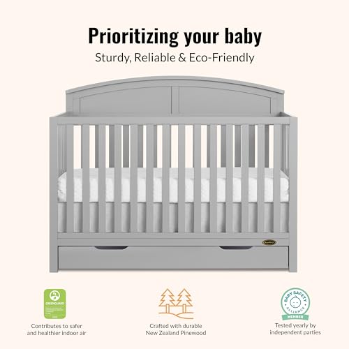 Dream On Me Storybrooke 5-in-1 Convertible Full-Size Crib with Under Drawer, Pebble Grey, GreenGuard Gold & BSA, Convert to Toddler, Day & Full-Size Bed, 3 Mattress Heights, Sustainable Pinewood