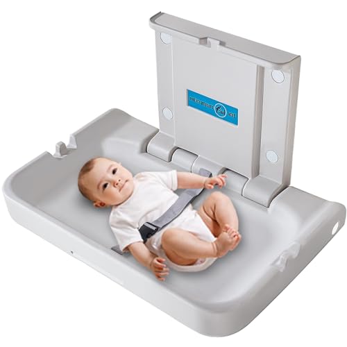KSITEX Baby Changing Table Wall Mounted,Baby Changing Station with Safrty Strap,HDPE Fold-Down Diaper Changing Station Table,Foldable Diaper Changing Unit for Commercial Bathroom Restroom(Horizontal)