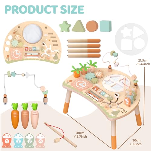 Hewaurorion Wooden Activity Table for Toddlers 1-3, 9 in 1 Montessori Sensory Table with Bead Maze Shape Sorter Fishing Game, Baby Activity Table Learning Toys for 1 2 3 Year Old Boys Girls