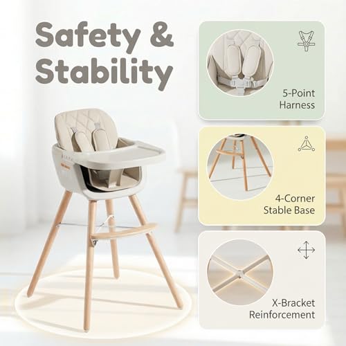 Mallify 3-in-1 Wooden High Chair, Convertible High Chairs for Babies and Toddlers, Baby Highchair with Adjustable Legs & Dishwasher-Safe Tray, Sleek Hardwood & Premium PU Cushion, Beige