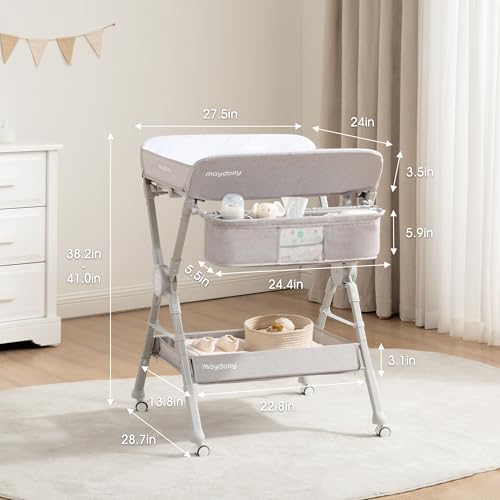 Maydolly Changing Table，Portable Diaper Changing Station, Foldable Baby Changing Table,Compact Nursery Diaper Changing Table for Baby，Adjustable Height，Mobile on Wheels (Grey)