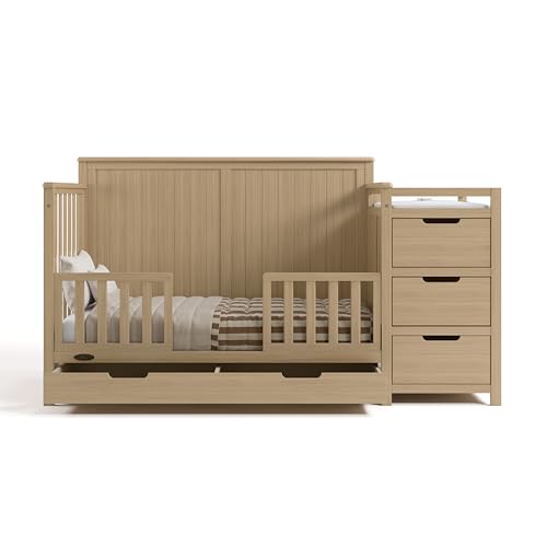 Graco Hadley 5-in-1 Convertible Crib & Changer – GREENGUARD Gold Certified, Fits Standard Crib Mattress, Converts to Toddler Bed and Full Bed, 4 Adjustable Mattress Heights (Driftwood)
