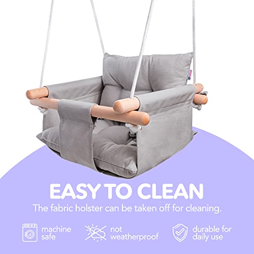 CaTeam Canvas Baby Swing Seat with 5-Point Safety Belt — Wooden Hanging Toddler Swing, Indoor & Outdoor, Ages 1-4, Ceiling Mount Hardware Included, Taupe Gray