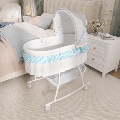 Dream On Me Lacy Portable 2-in-1 Bassinet & Cradle with Full Canopy, Storage Basket, Locking Wheels, Lightweight Frame, BSA Certified, Includes 1” Mattress Pad-Pink an White