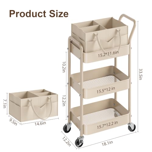 Baby Diaper Caddy Organizer Cart with Detachable Dividers, 3 Tier Metal Bedside Storage Rolling Cart with Wheels for Nursery, Postpartum Cart and Organizers for Newborn Essentials & Supplies (Oatmeal)