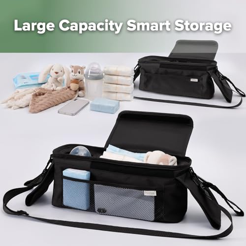 haakaa Universal Stroller Organizer with Insulated Cup Holder - Black, Single Cup Holder, Stroller Caddy with Shoulder Strap & Extra Non-Slip Stroller Hook, Fits Most Strollers