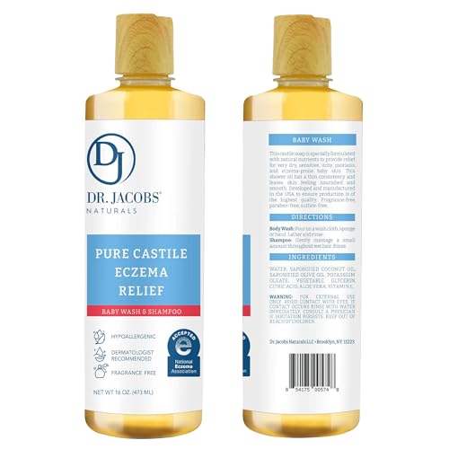 Dr. Jacobs Pure Castile Baby Wash - Effective Body Wash to Relieve Baby Eczema - Gentle Shampoo and Unscented Soap for Sensitive Skin, and Hypoallergenic - 16 oz -2PK