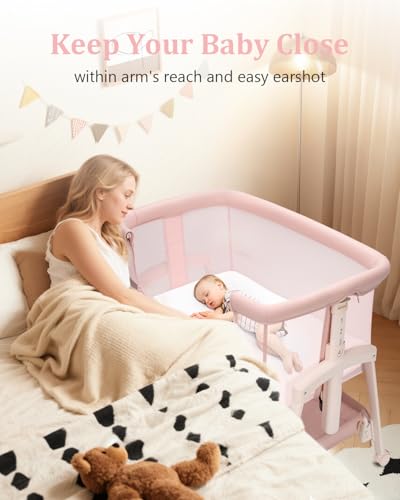 3 in 1 Baby Bassinet with Wheels, Bedside Bassinet Sleeper for Newborn, Portable Baby Crib with 7 Adjustable Height & Large Storage Basket & Full-Mesh, Easy Folding Baby Bed for Infant (Pink)