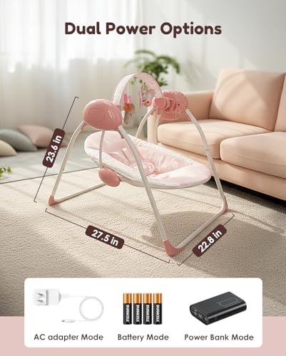 Baby Swings for Infants, Tiny Marvels Portable Swing with Adaptable Speed, Music, Removable-Toy-Bar, Foldable Infant Swing for Indoor and Outdoor Use, 0-9 Months 6-20 lbs(Blush Bloom)
