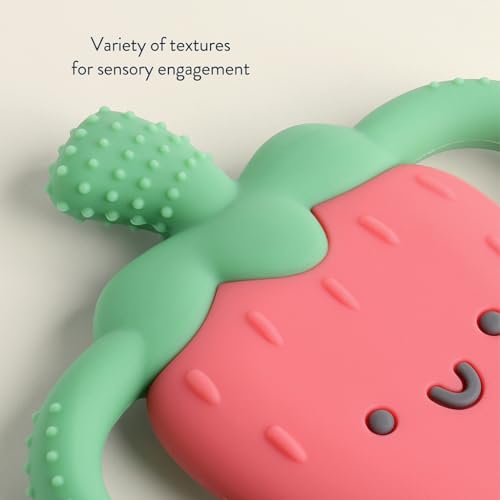 Itzy Ritzy Strawberry-Shaped Baby Teether with Handles – Silicone Teether for Babies with Easy-Grab Handles and Textured, Teethable Surfaces – Baby Teething Toy for 3 Months & Up (Strawberry)