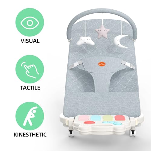 Gryvoth Portable Baby Bouncer Seat 0-18 Months,Detachable Piano & Hanging Toys,3-Level Recline (Rock/Fix),Foldable with Quiet Wheels,Baby Shower