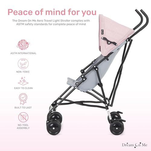 Dream On Me Aero Travel Umbrella Stroller, One-Hand Quick Fold, 3-Point Safety Harness, Dual Brakes, Adjustable Removable Canopy, Lightweight Compact & Space-Saving, for 6 to 36 Months – Pink