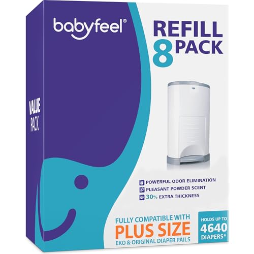 Babyfeel Refills for DEKOR PLUS Diaper Pails, 8 Pack, Exclusive 30% Extra Thickness, Fresh Powder Scent, Holds up to 4640 Diapers