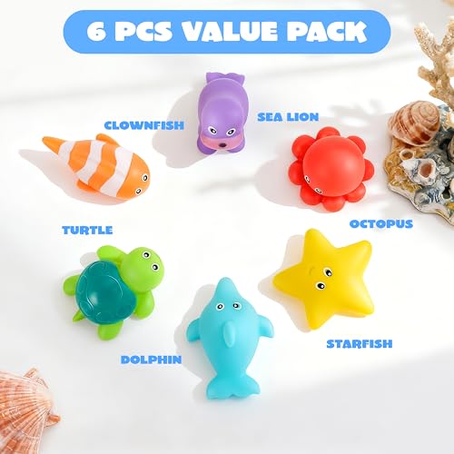 JOYIN 6 Pcs Sea Animal Bath Toys, Sealed & No-Hole & Mold Free Bathtub Toys for Kids, Non-Toxic & Soft Water Vehicles Toys, Squeezable & Float on Water, Bath & Pool Play for Boys and Girls