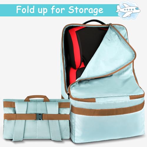 YOREPEK Padded Car Seat Travel Bag for Air Travel, Carseat Cover Backpack with Shoulder Straps, Large Carseat Gate Check Bag, Baby Travel Essential(Light Cyan)