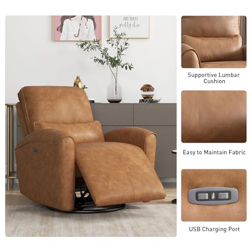 Bonzy Home Power Swivel Rocker Recliner Chair with USB Port, 23.2" Wide Seat, Fixed Lumbar Support, Upholstered Glider Chair for Nursery Living Room, Brown