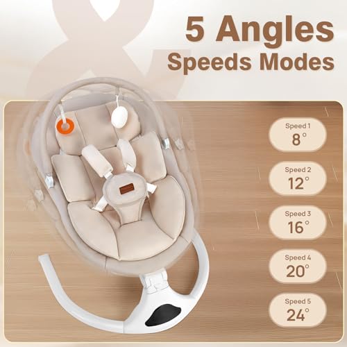 Baby Swing, Electric Infant Swing with Remote Control, 5 Speed Adjustable, Machine Washable Cushion, 5 Point Safety Harness, Bluetooth Music, Portable Baby Swing (Beige)