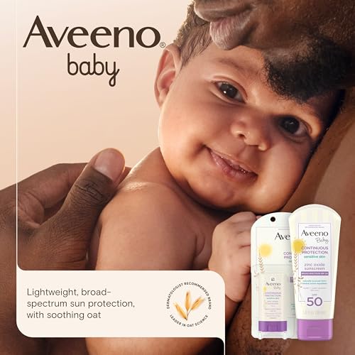 Aveeno Baby Continuous Protection Zinc Oxide Mineral Sunscreen Lotion for Sensitive Skin, Broad Spectrum SPF 50, Tear-Free, Sweat- & Water-Resistant, Paraben-Free, Non-Greasy, 7 fl. oz