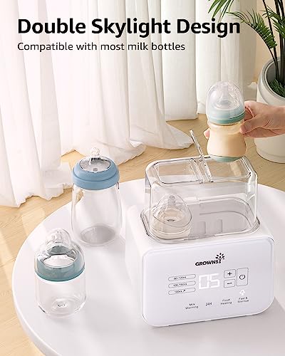Baby Bottle Warmer, Grownsy 8-in-1 Fast Milk Warmer with Timer Breastmilk or Formula, Fits 2 Bottles, Accurate Temperature Control, with Defrost, Sterili-zing, Keep, Heat Baby Food Jars Function