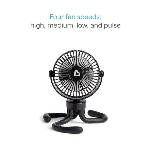 Munchkin Stroller Fan - Portable Fan for Travel, Baby Gear Accessory with 4 Speeds, Flexible Clip-on Leg Attachment, Rechargeable Battery, Black with Multicolored LED Lights