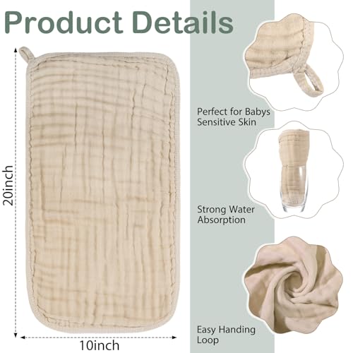 VitalCozy 6 Pcs Baby Muslin Hooded Bath Towels and Washcloths Muslin Cotton Hooded Baby Towels Absorbent Blankets for Gift Newborn Infant Shower (32 x 32 Inch,Beige,Sage Green)