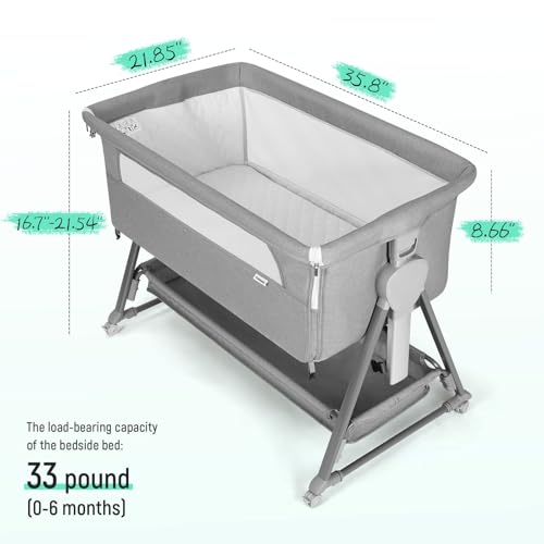 Cowiewie Bassinet Bedside Sleeper, Baby Bassinet with 7 Adjustable Height, Bedside Bassinet for Baby with Storage, Breathable Mesh & Mattress, Portable Bassinet Easy Folding (Pyramid Light Gray)
