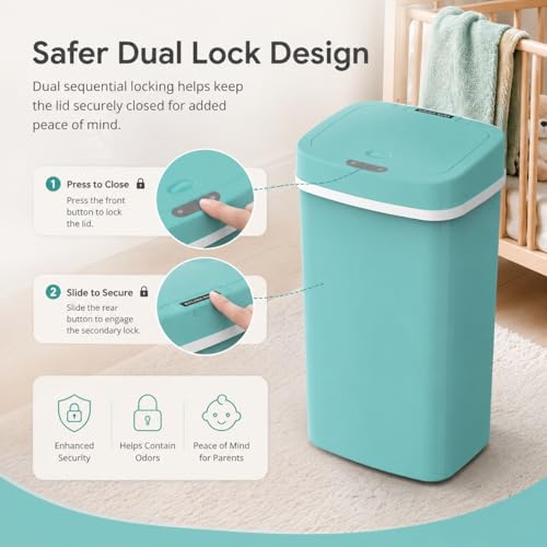 Delletir 15L Smart Diaper Pail with Motion Sensor Lid | Touchless Hands-Free Baby Diaper Trash Can | Double Locking Seal | Slim Space-Saving Design | Quiet & Durable (Turquoise)