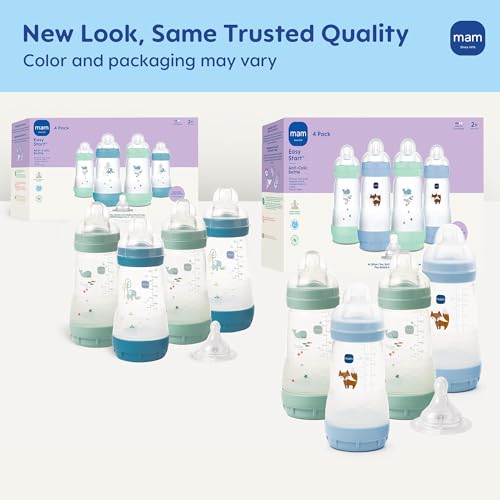 MAM 9oz Easy Start Anti-Colic+ Wide Neck Baby Bottle, Medium Flow Breastfeeding-Like Nipple, Reduces Colic Gas & Reflux, Easy To Clean, BPA Free, 2+ Months, Made In Europe, Bonus Fast Flow Nipple, Boy