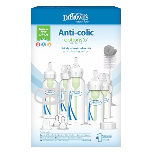 Dr. Brown's Anti-Colic Options + Narrow Bottle to Sippy Gift Set with Soft Silicone Sippy Spout, Removable Silicone Handles, Travel Cap and Bottle Brush (Packaging/Brush Color May Vary)