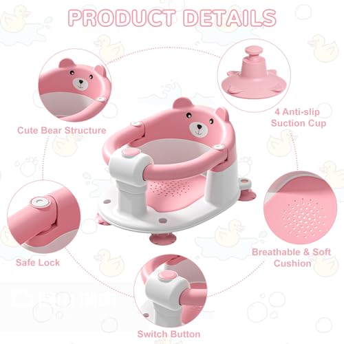Baby Bath Seat for Babies 5-10 Months, Non-Slip Toddler Bath Seats for Babies Sitting Up, Safe Infant & Newborn Bathtub Chair with 4 Suction Cups & Soft Cushion for Shower,Pink