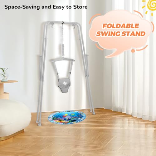 Baby Jumper with Stand, Baby Jumpers and Bouncers for Indoor and Outdoor Play, Toddler Jumper Suitable for 6-24 Months Infants, Easy to Assemble & Store, Water Mat Included (Gray)