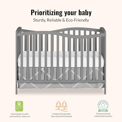 Dream On Me Chelsea 5-in-1 Convertible Full-Size Baby Crib in Steel Grey, GreenGuard Gold & BSA, Pinewood, 4 Mattress Heights, Converts to Toddler, Day & Full-Size Bed, Modern Classic Nursery