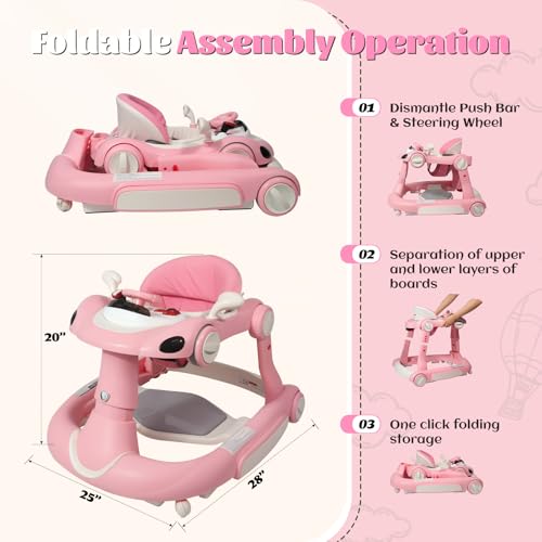 Baby Walker, 4-in-1 Baby Walker with Wheels Portable, Foldable Infant Toddler Walker for Boys Girls 6-18 Month,Removable Footrest,Car Steering Wheel & Music, Adjustable Push Walker Pink