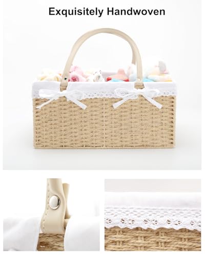 FUFAXHX Large Baby Diaper Caddy Basket - Wicker Paper Rope Storage Baskets Portable Woven Car Organizer for Diapers With Cotton Divider Brown