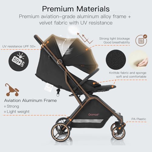 Gromast Gravity Folding Baby Stroller - Portable Travel Toddler Stroller w/Adjustable Backrest, Canopy & Cup Holder, Lightweight and UV Protected, One-Hand Automatic Folding - Black