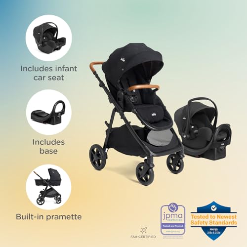 Joie Baby, Ginger and Rue Travel System – 4-in-1 Travel System with Lightweight Baby Car Seat and an Included Anti-Rebound Base for Easy Install and Height-Adjustable Stroller (Shale Dark)