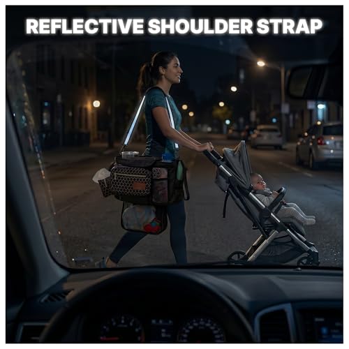 XOMIXA Stroller Organizer with Cup Holders – 9-in-1 Universal Baby Stroller Caddy with Large Pockets, Detachable Pouch & Pacifier Bag, Hooks & Adjustable Reflective Straps, Fits Most Strollers.