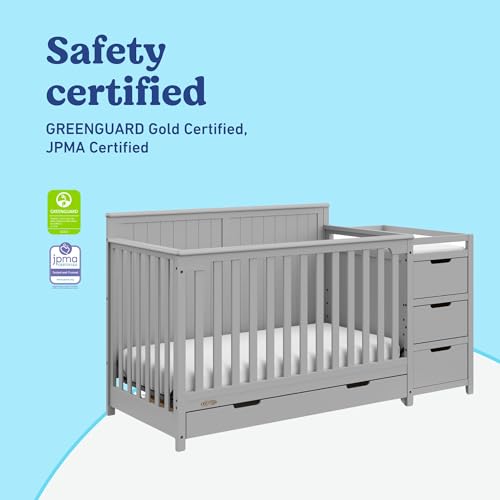 Graco Hadley 5-in-1 Convertible Crib & Changer – GREENGUARD Gold Certified, Fits Standard Crib Mattress, Converts to Toddler Bed and Full Bed, 4 Adjustable Mattress Heights (Pebble Gray)