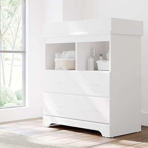 Storkcraft Brookside 2 Drawer Changing Table Dresser (White) – GREENGUARD Gold Certified Baby Dresser with Changing Table Top, Baby Changing Table Dresser, Includes Interlocking Drawer System