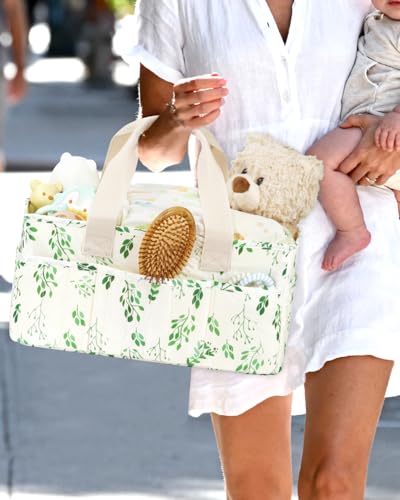 BuyCard Leaf Pattern Diaper Caddy Organizer, Nursery Storage Basket with Handle, Baby Essentials Holder, Cream with Green Floral Design