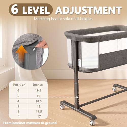 Kinder King Baby Bassinet Bedside Sleeper, Newborn Baby Bedside Crib w/Wheels, All-Sided Mesh, Adjustable Height, Removable Soft Mattress, No Tool to Assemble, Grey